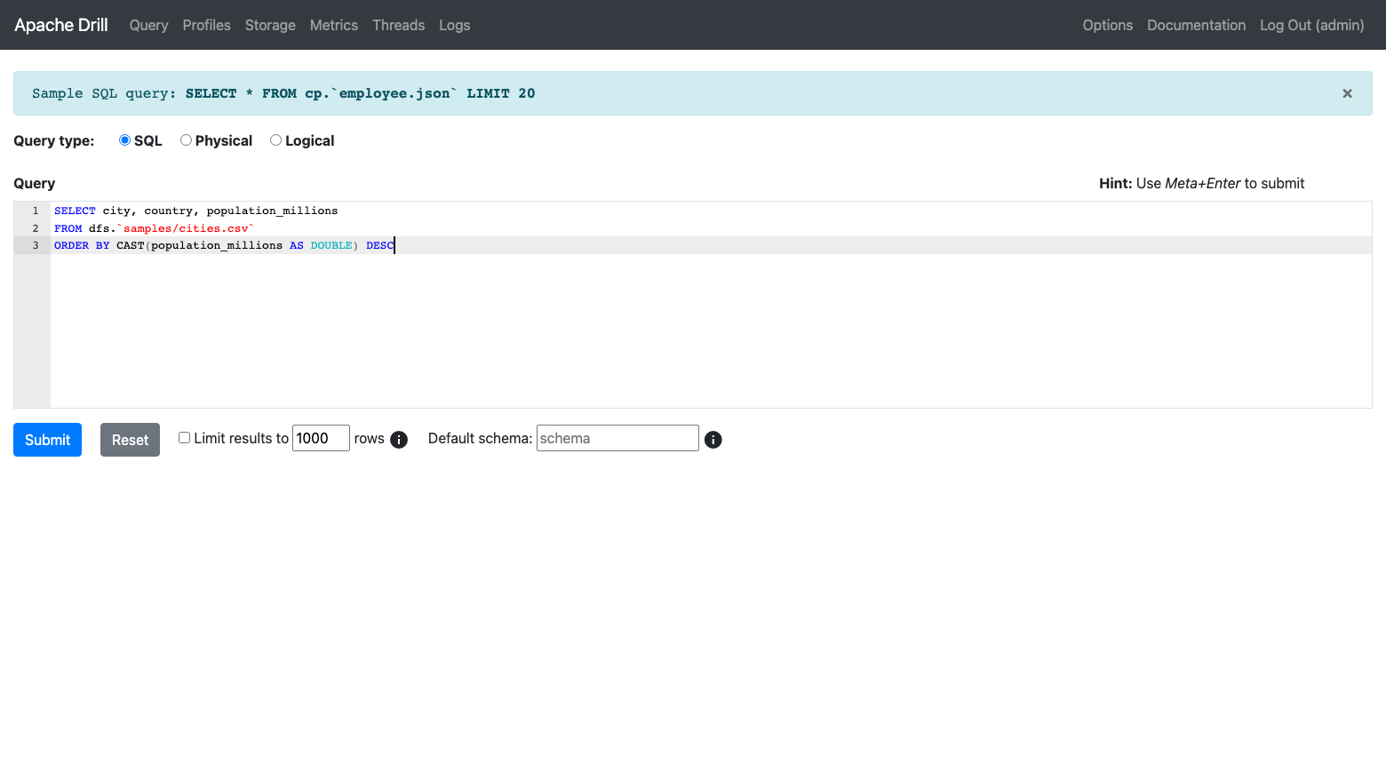 The Drill Query page with the SQL query entered in the editor and the Submit button