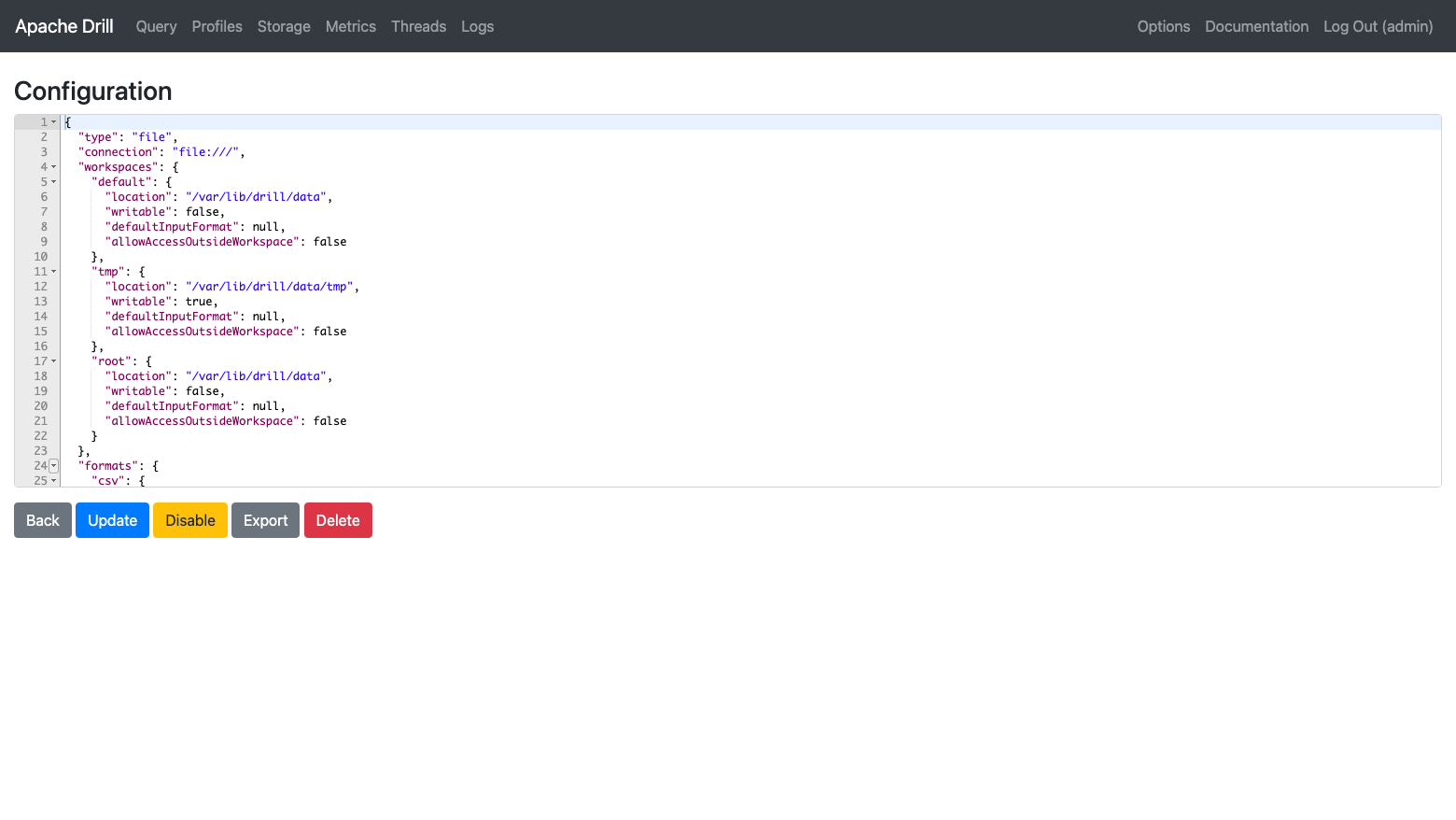 The Drill Storage page for the dfs plugin showing connection file:/// and the default, tmp and root workspaces at /var/lib/drill/data with allowAccessOutsideWorkspace false