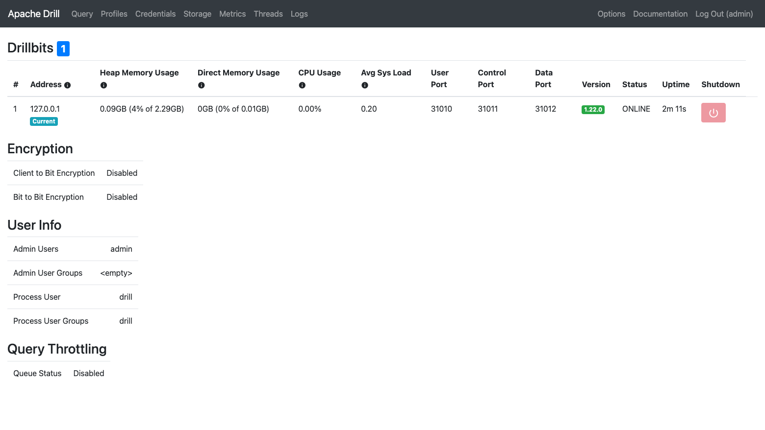 The Drill home page showing one ONLINE drillbit at 127.0.0.1 running 1.22.0, the user, control and data ports, and User Info with Admin Users admin