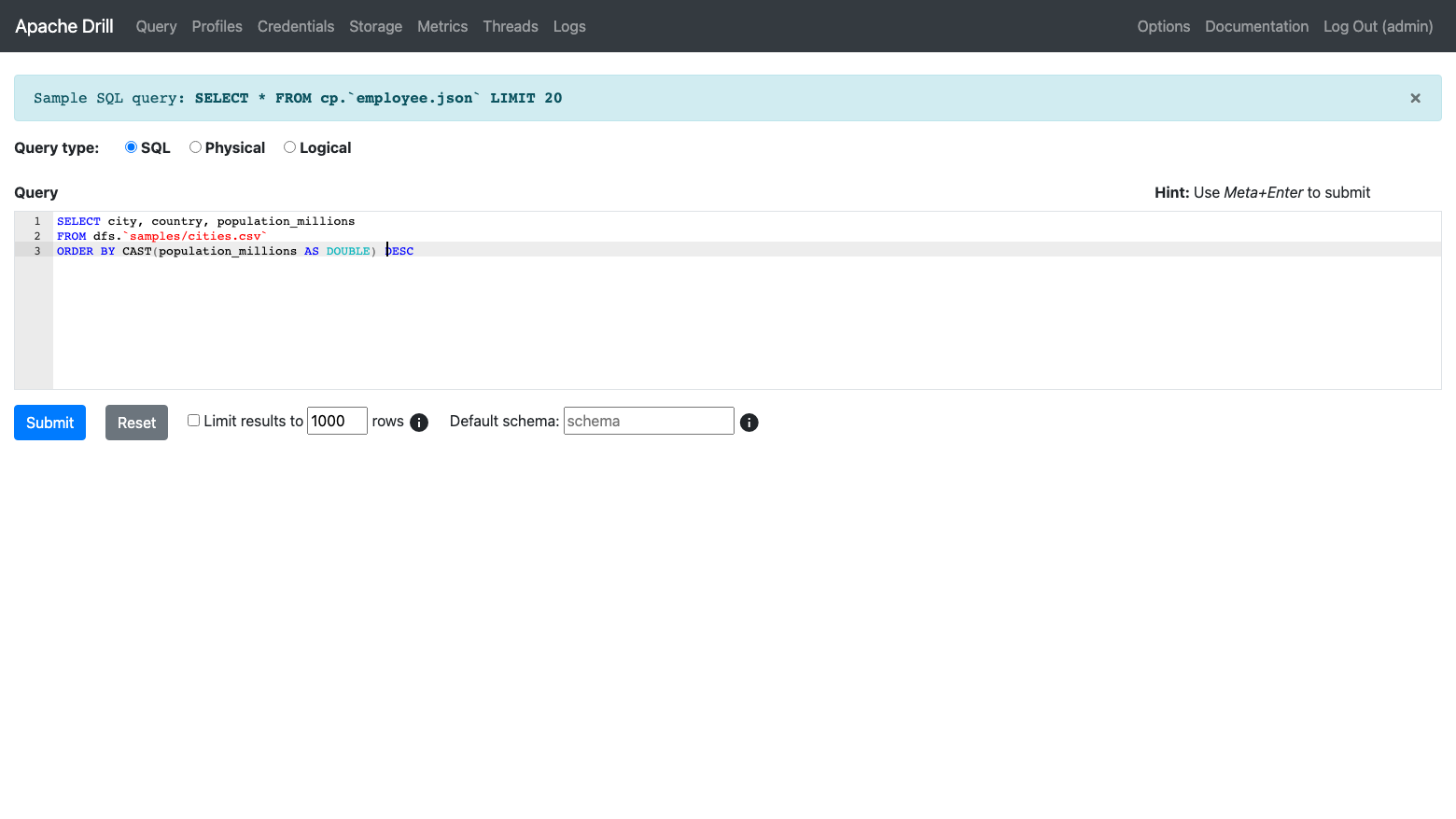 The Drill Query page with the SQL query entered in the editor and the Submit button