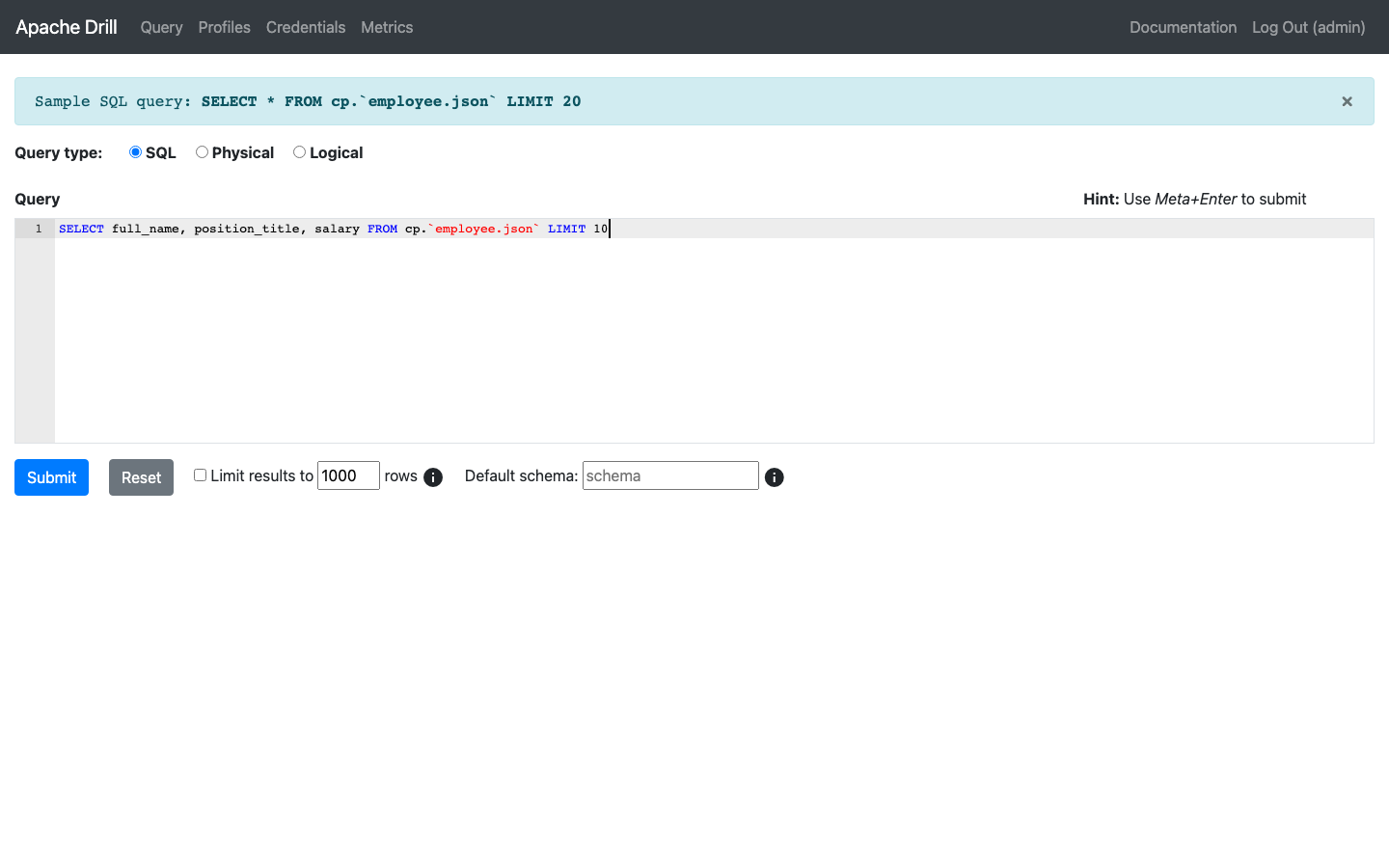 The Apache Drill query editor with a SQL statement ready to run