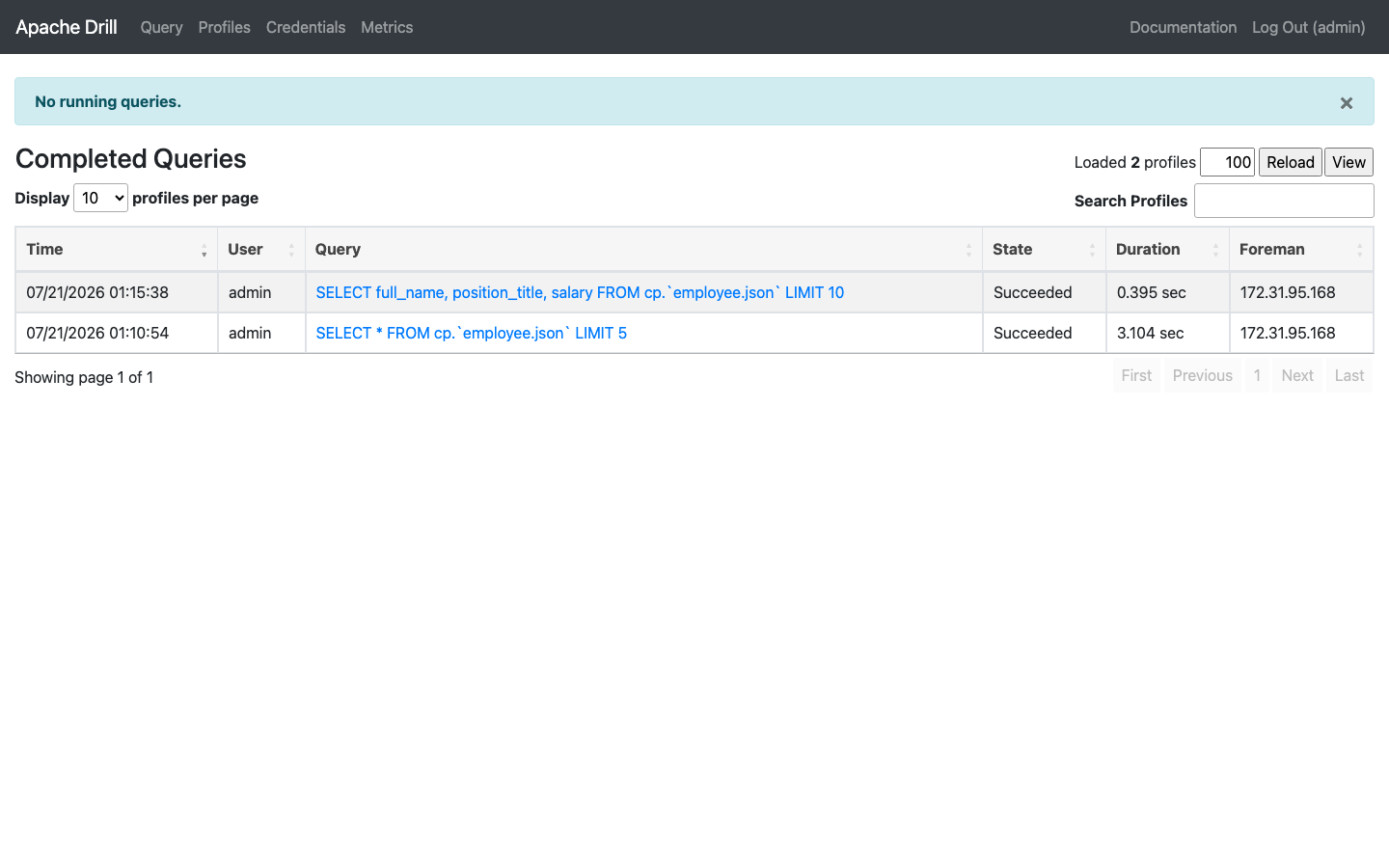 The Apache Drill Profiles page listing completed queries with their state and duration