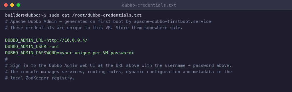 Dubbo Admin per-VM credentials file