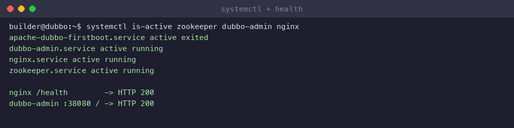 Dubbo Admin services active and health check passing