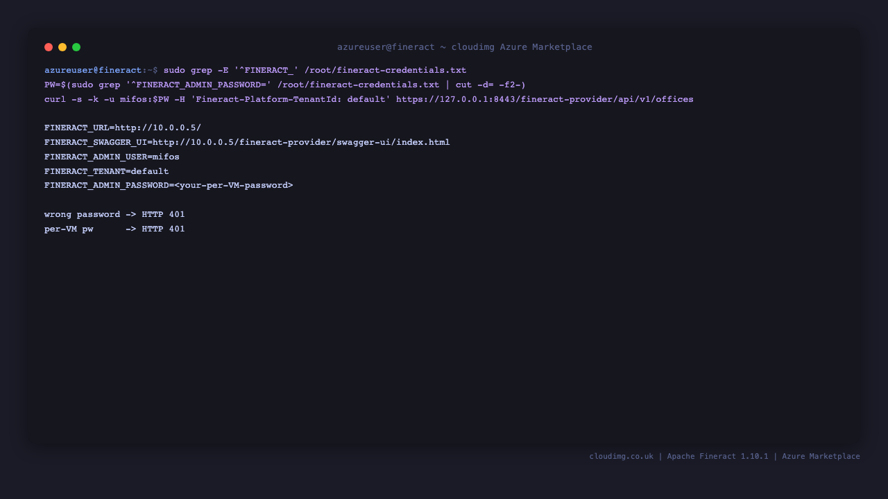 Per-VM admin password and API authentication round-trip