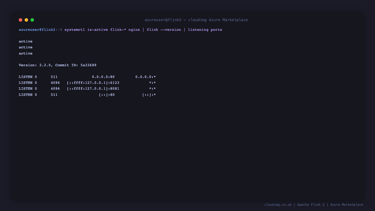 Apache Flink JobManager, TaskManager, and nginx services all active; Flink CLI reports version 2.2.0 with commit ID