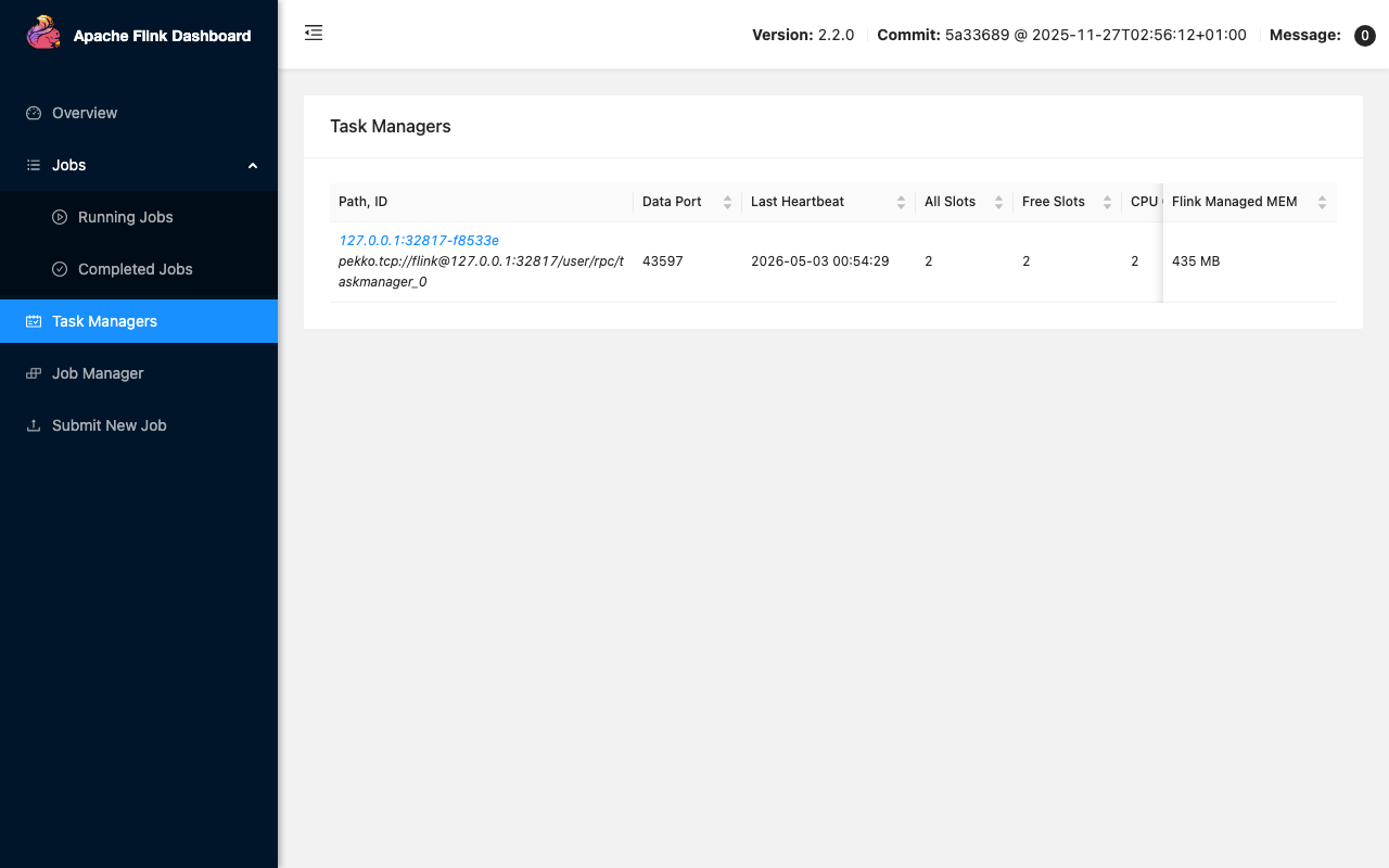 Flink 2.2 Web Dashboard Task Managers page — one registered TaskManager with 2 slots and current JVM heap