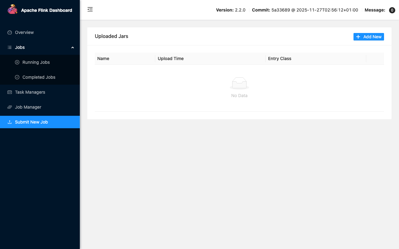 Flink 2.2 Web Dashboard Submit New Job page — uploaded JARs list and submission form for entry class, parallelism, and program arguments