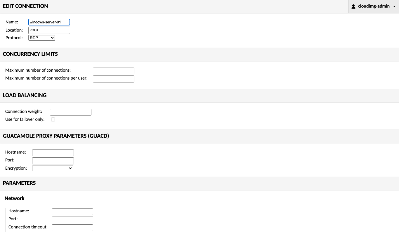 Guacamole new connection form with RDP selected