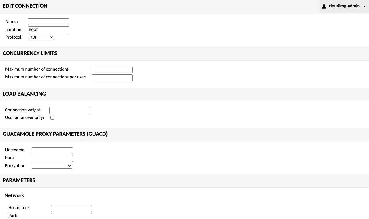Guacamole new connection form with RDP selected