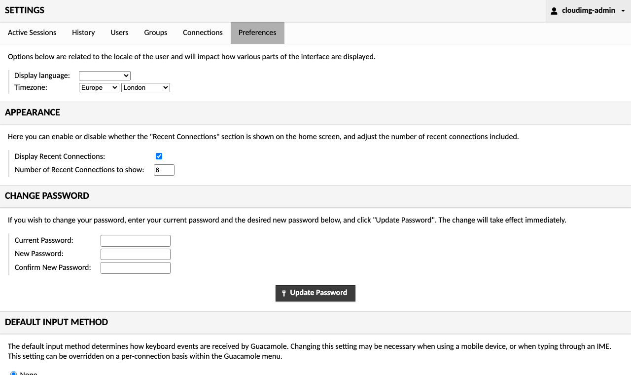 Guacamole preferences page with the change-password form