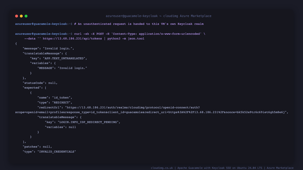 An unauthenticated request handed to the Keycloak realm, carrying a Guacamole-issued nonce