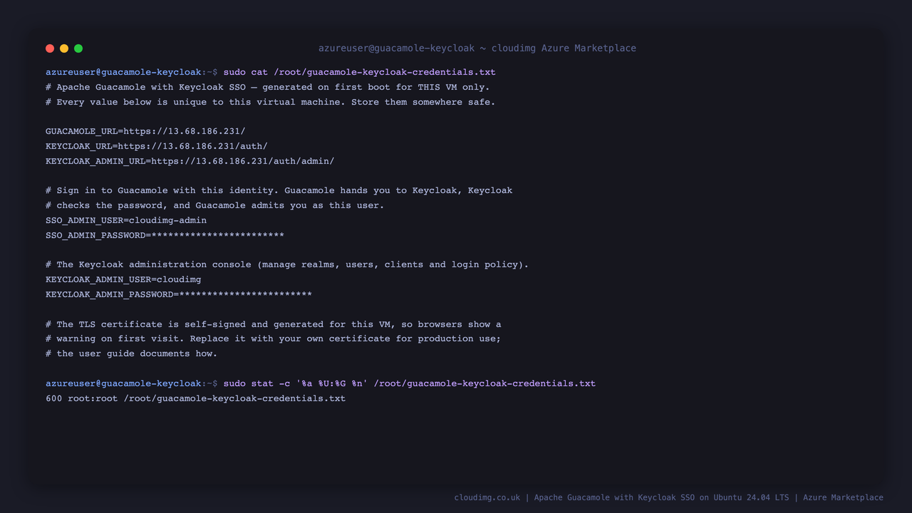 The per-VM credentials file, mode 600 root:root, with both identities