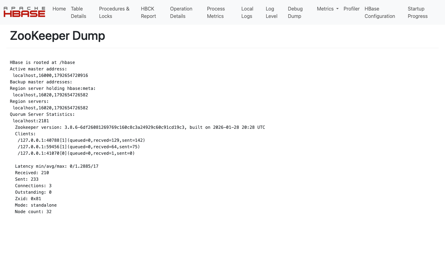 The HBase ZooKeeper dump page showing HBase rooted at /hbase, the active master and RegionServer on localhost, and ZooKeeper 3.8.6 running in standalone mode on localhost:2181