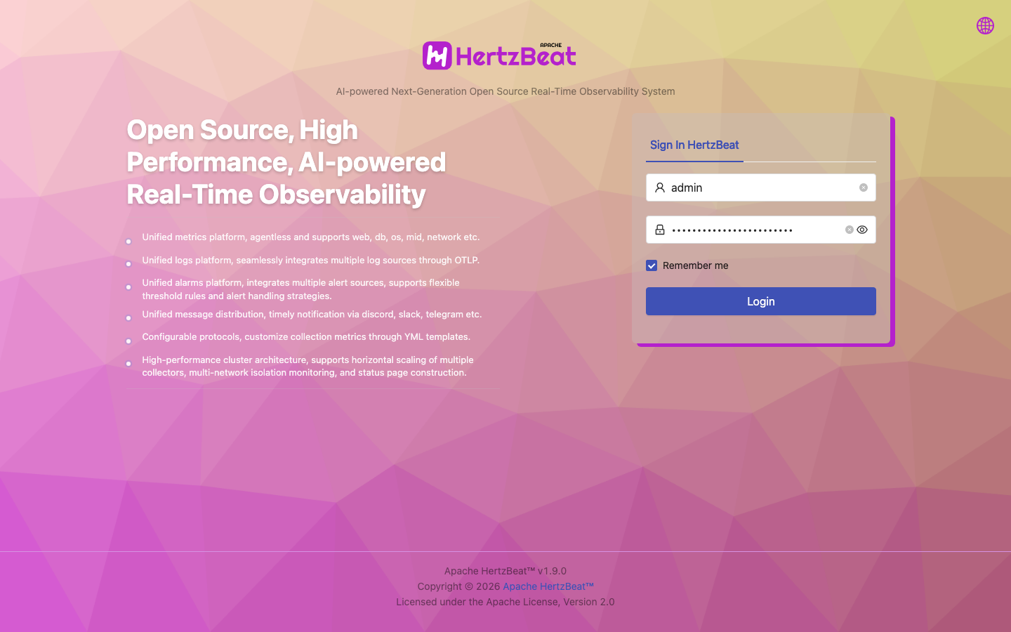 The Apache HertzBeat 1.9.0 sign in page with the admin user name and a masked password filled in