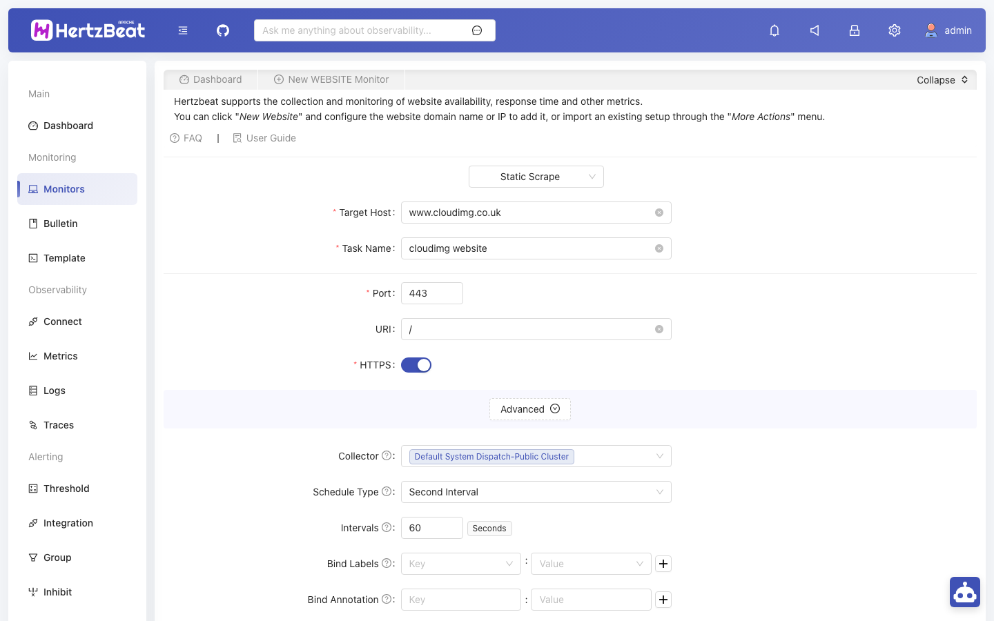 The New WEBSITE Monitor form with target host www.cloudimg.co.uk, port 443, URI / and HTTPS switched on