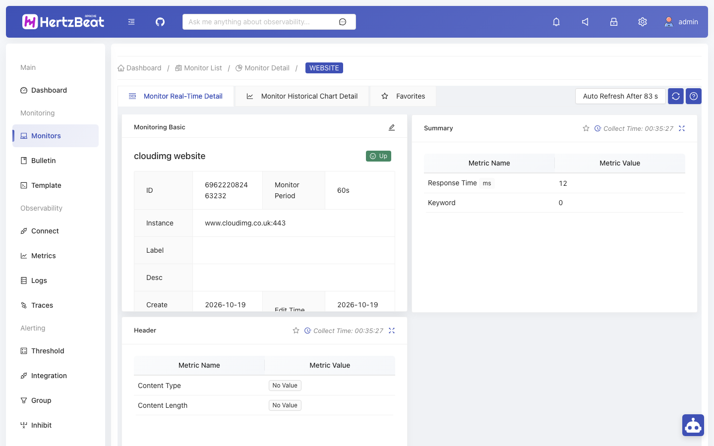 The monitor detail page for cloudimg website showing the Up state, its settings and the response time collected