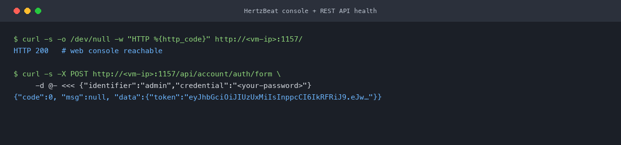 The HertzBeat web console returning HTTP 200 and the REST API issuing a JWT for the per VM admin credentials