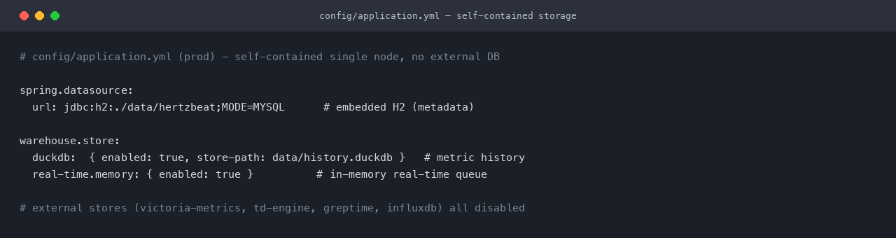 The application.yml showing the embedded H2 metadata store and embedded DuckDB history store, with the in memory real time queue and all external stores disabled
