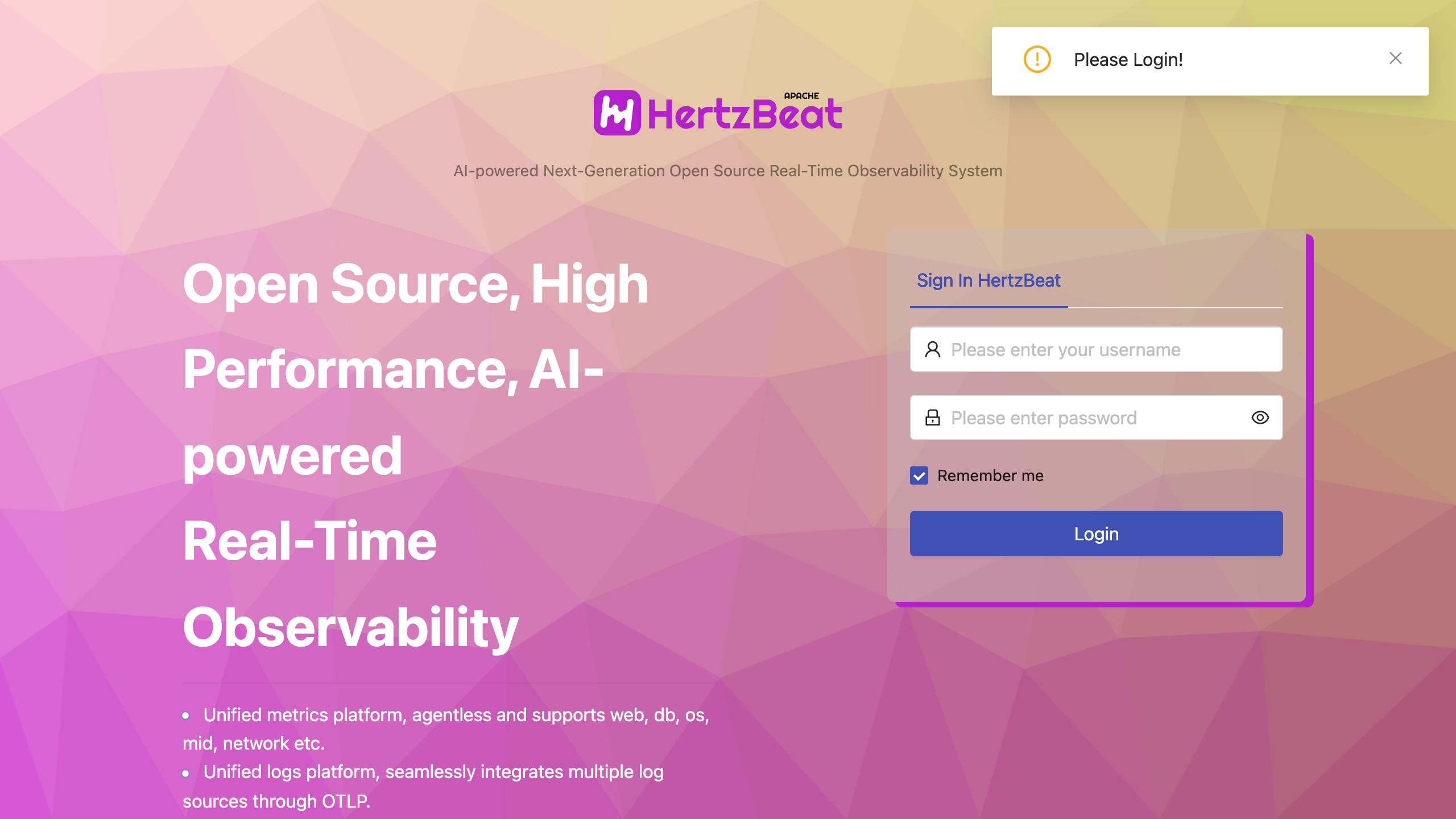 The Apache HertzBeat 1.8.0 sign in screen served on port 1157