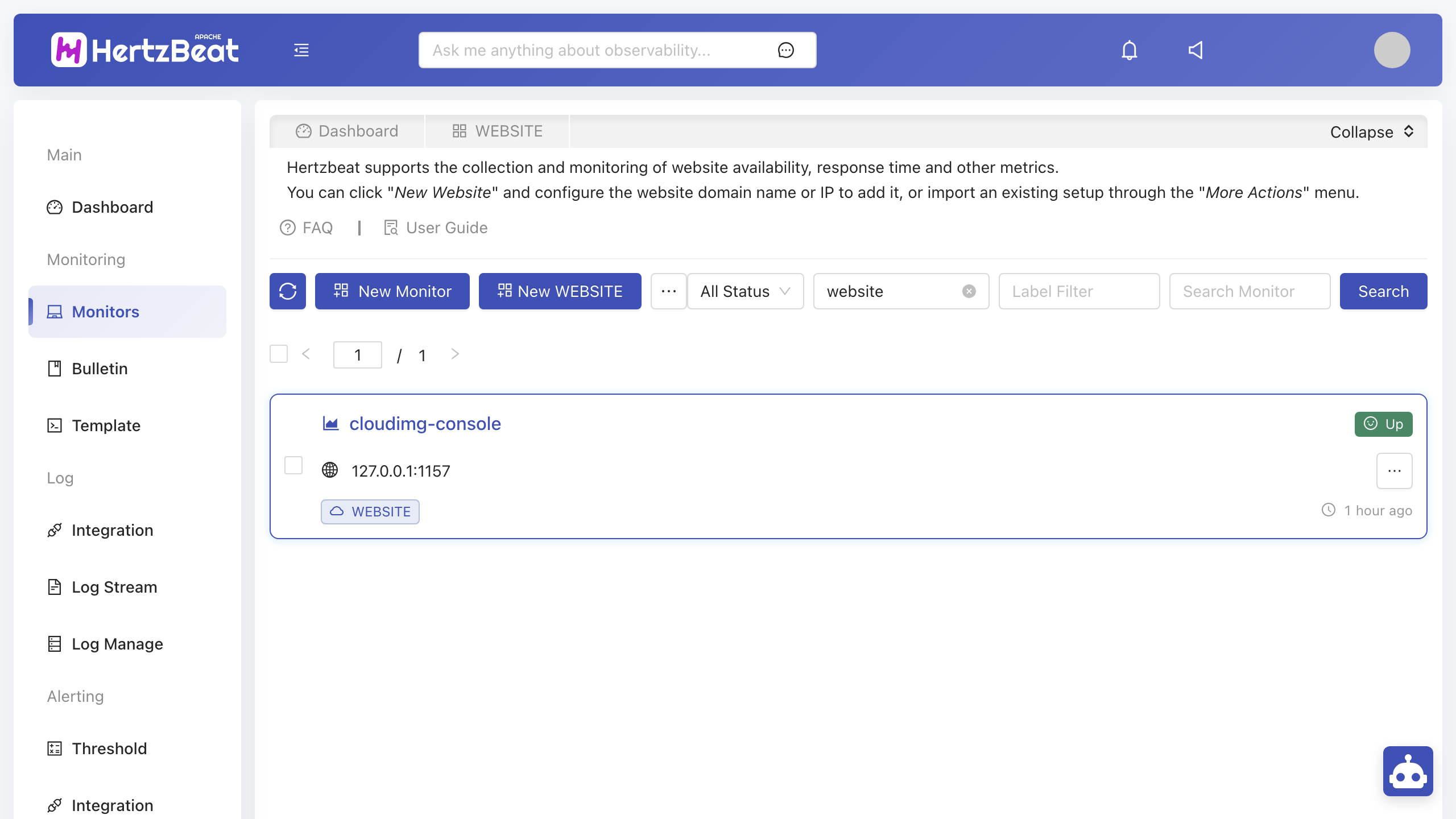 The HertzBeat Monitors list showing a website monitor in the Up state, collecting from its target on a fixed interval