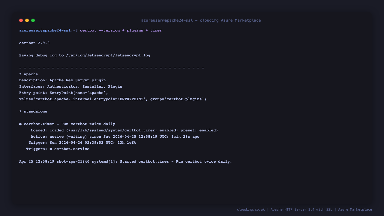 Certbot pre-installed with the python3-certbot-apache plugin and certbot.timer enabled for automatic renewal
