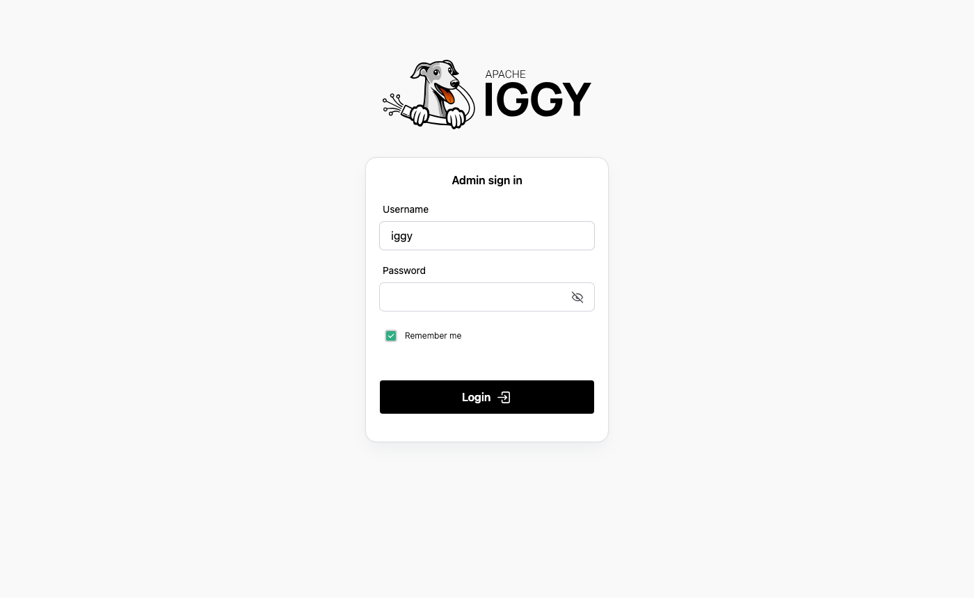 The Apache Iggy admin sign in page