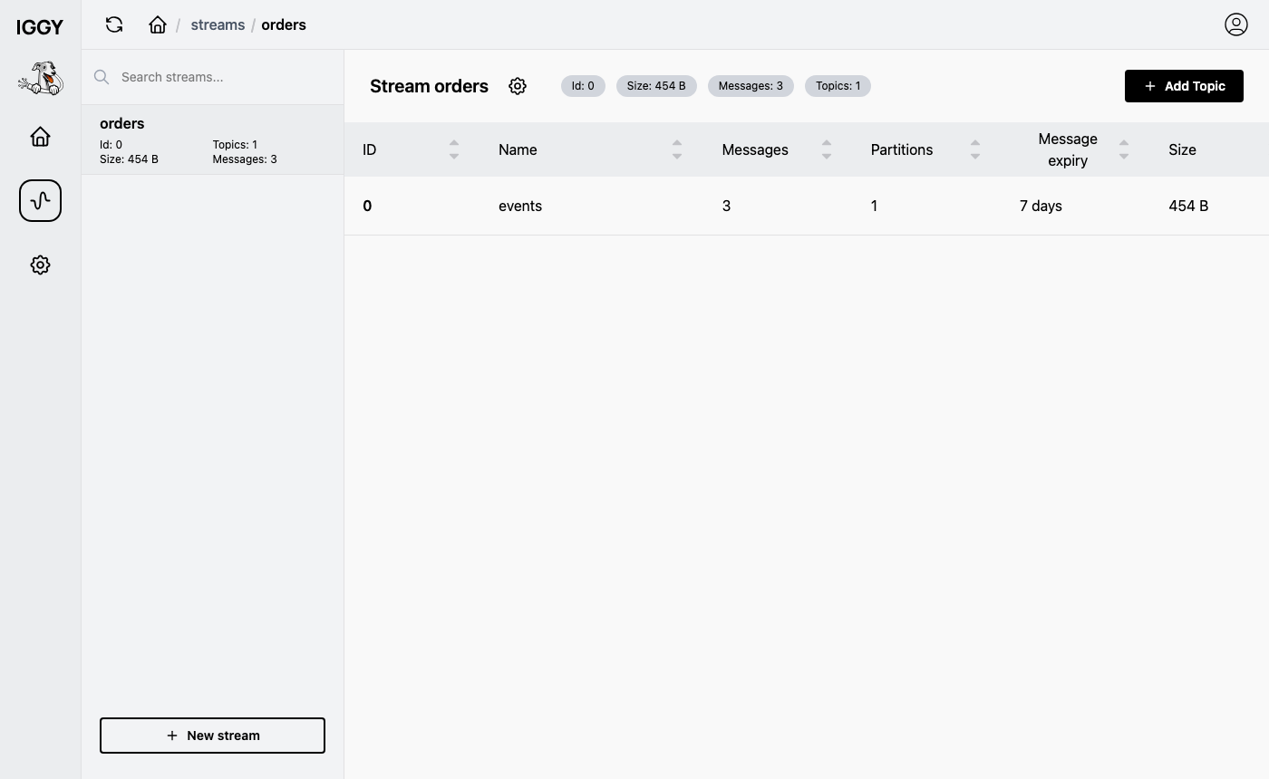 The Apache Iggy web console showing the orders stream with its events topic, three messages and a seven day message expiry