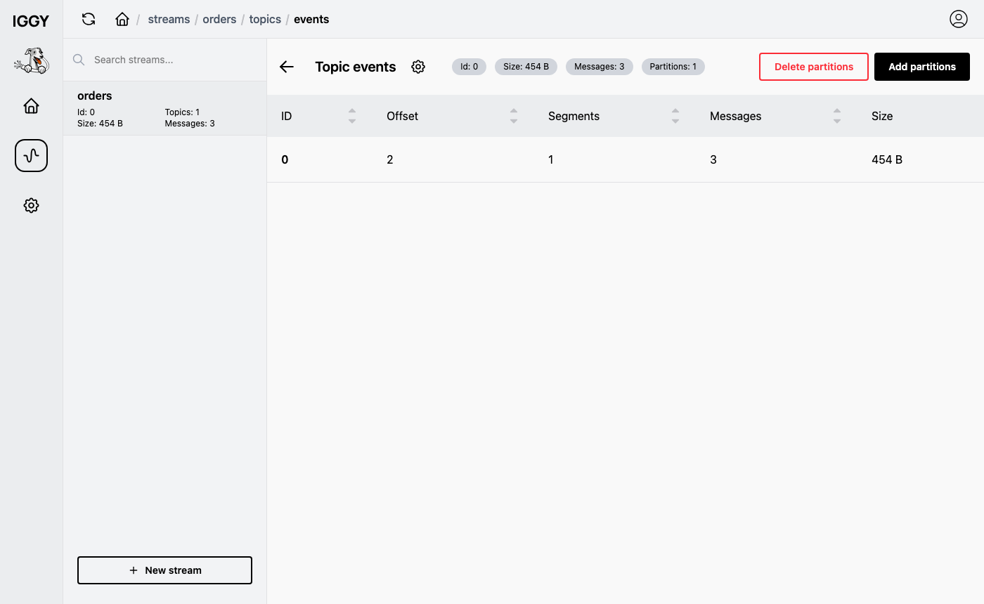 The topic events of the orders stream with one partition, its offset, segments, message count and size