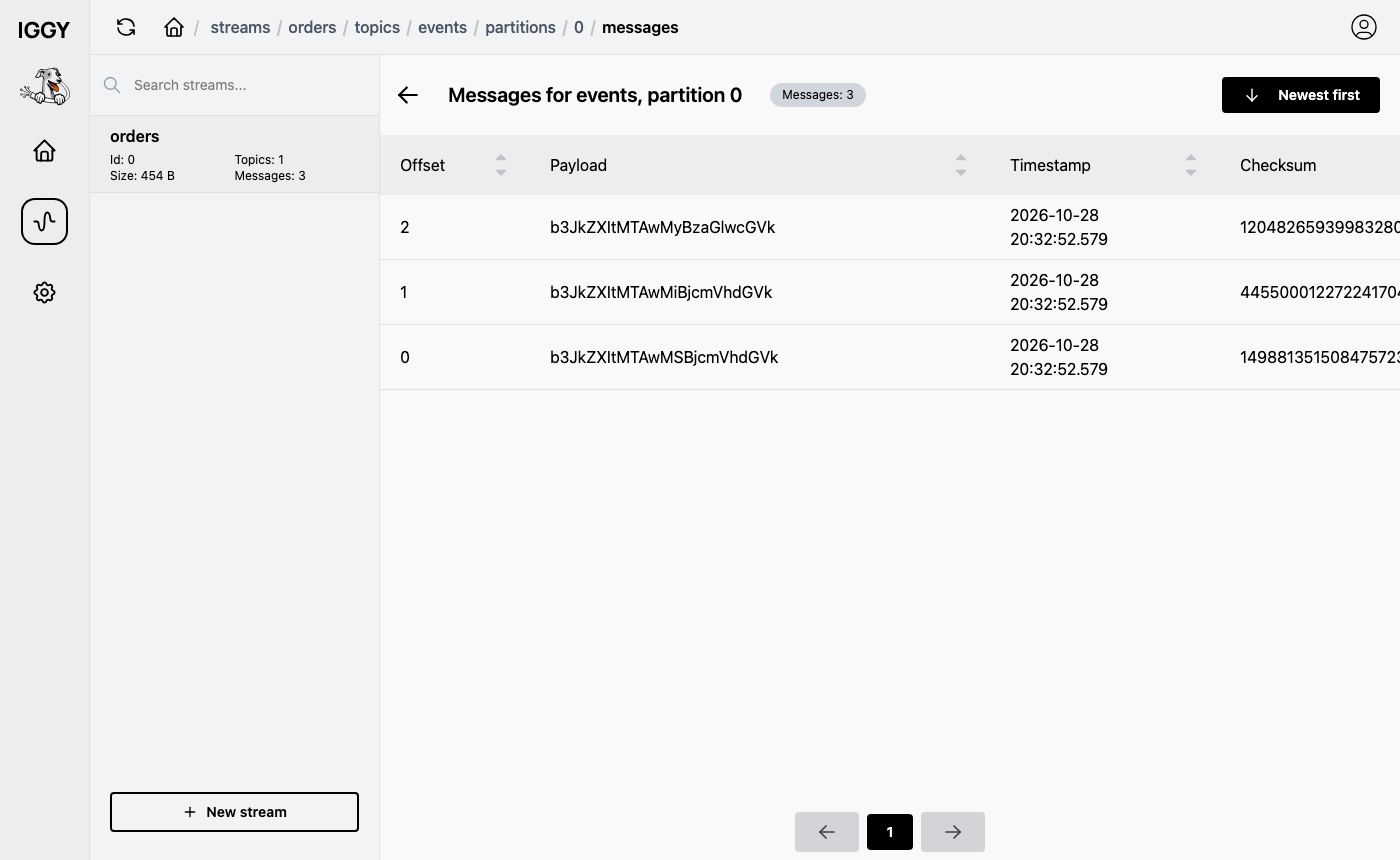 The messages of partition 0 of the events topic, newest first, with offsets 2, 1 and 0