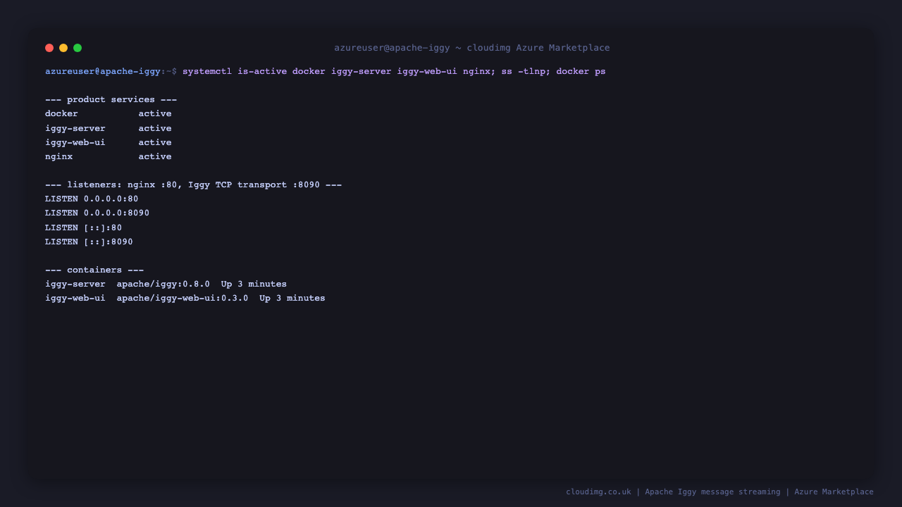 The docker, iggy-server, iggy-web-ui and nginx services active, nginx listening on port 80 and the Iggy TCP transport on port 8090, and the two official Apache Iggy containers running
