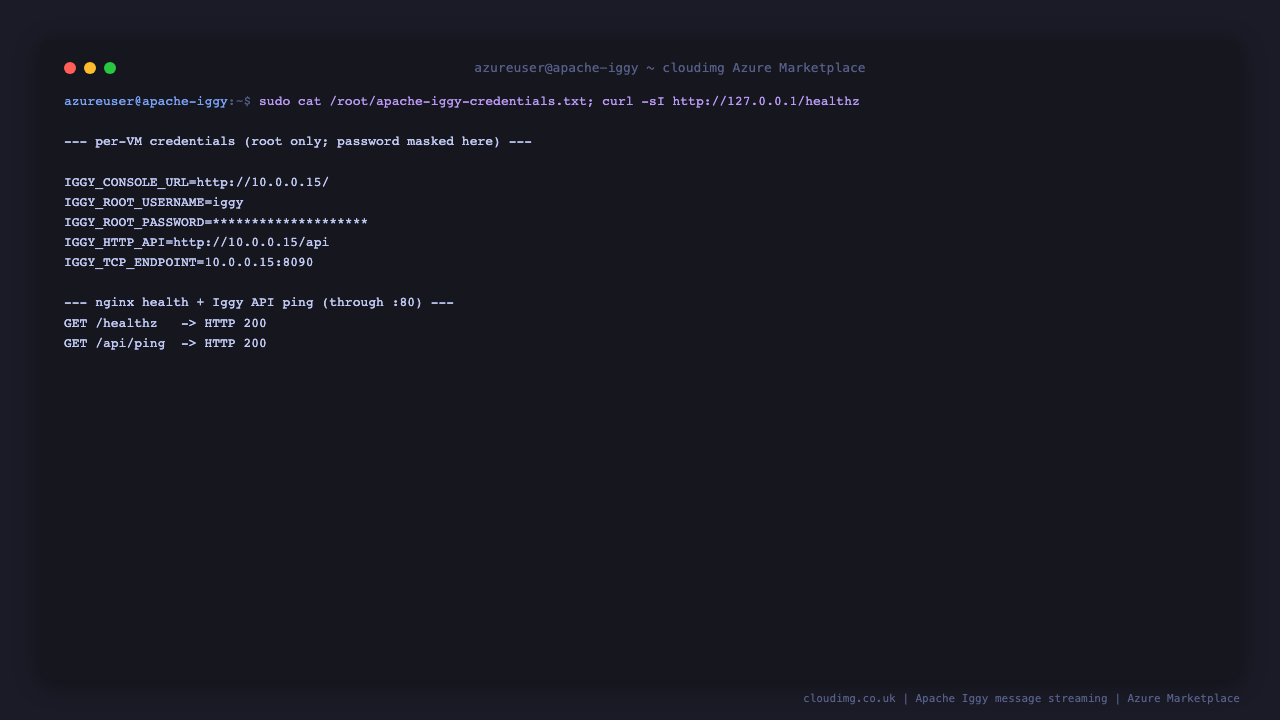 The per VM Apache Iggy credentials file showing the root user, the generated password, the console URL and the API and TCP endpoints, with the nginx health endpoint and the Iggy API ping both returning HTTP 200