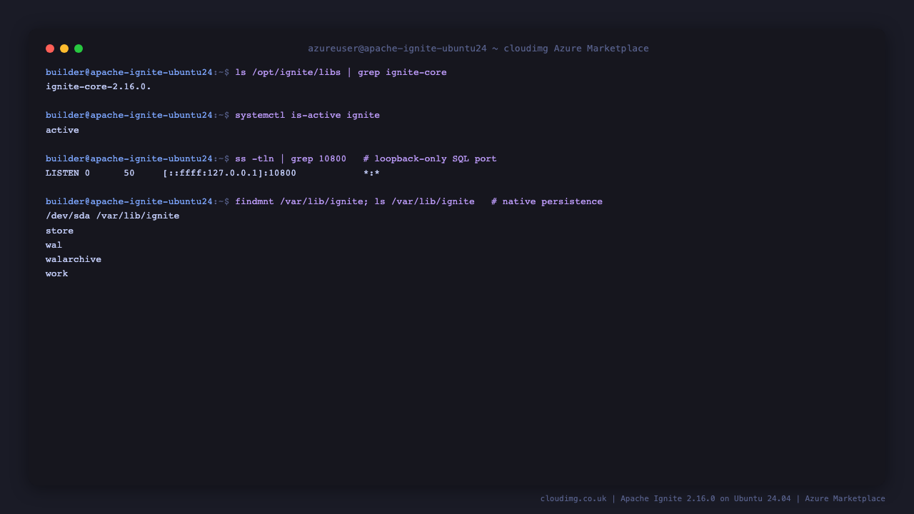 Apache Ignite version, service status and the loopback-only SQL listener