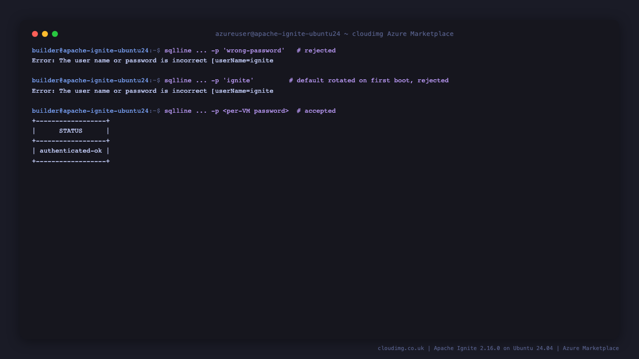 Apache Ignite authentication: wrong password rejected, per-VM password accepted