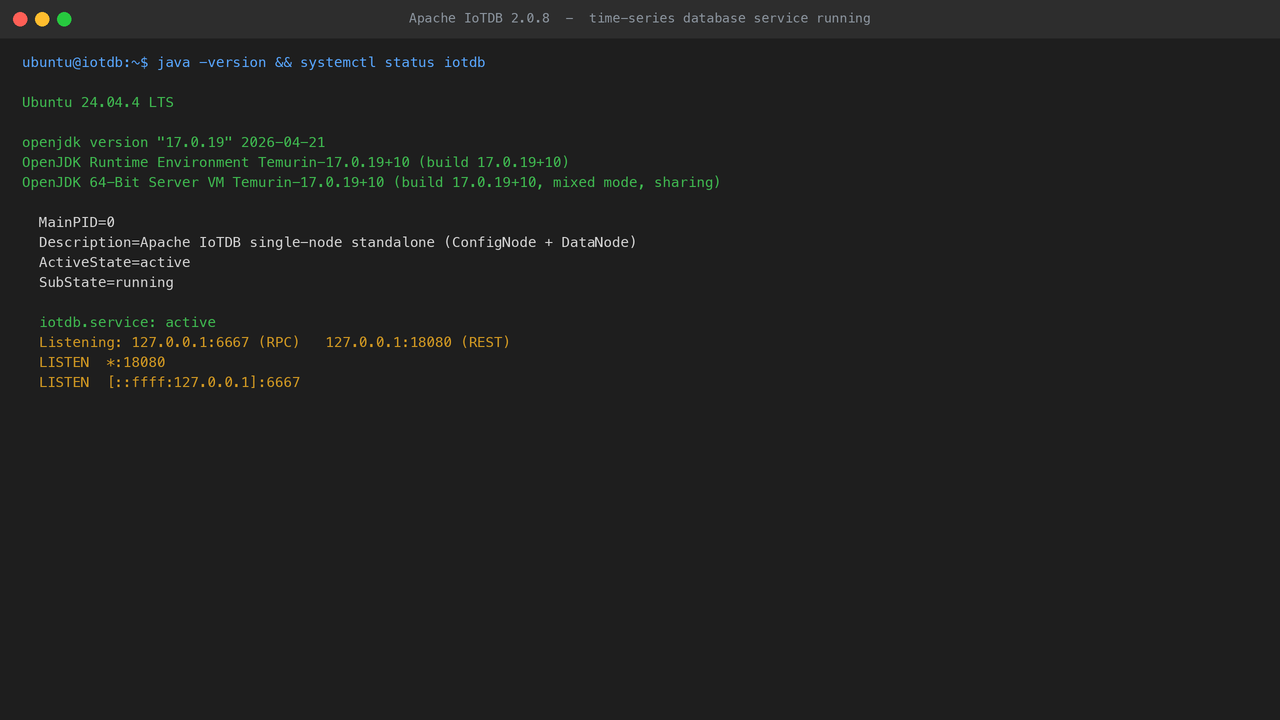 The bundled Temurin JRE 17 reporting its version and systemctl showing the iotdb single-node service active and running the ConfigNode and DataNode
