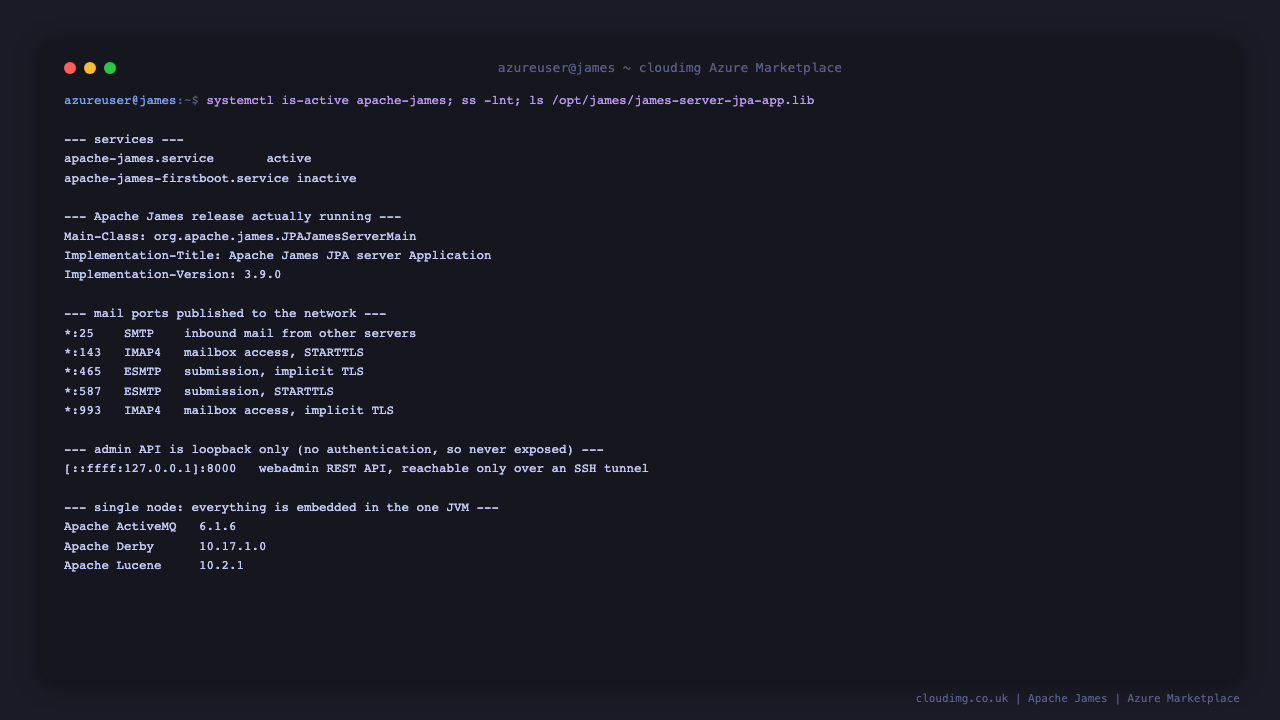 Apache James running on Ubuntu 24.04, showing apache-james.service active, the manifest of the running jar confirming Implementation-Version 3.9.0 and the single node JPAJamesServerMain main class, the five mail ports 25 SMTP, 143 IMAP4 STARTTLS, 465 ESMTP implicit TLS, 587 ESMTP STARTTLS and 993 IMAP4 implicit TLS all listening, the webadmin REST API bound only to loopback on port 8000, and the embedded Apache Derby, Lucene and ActiveMQ components that make this a genuine single node deployment