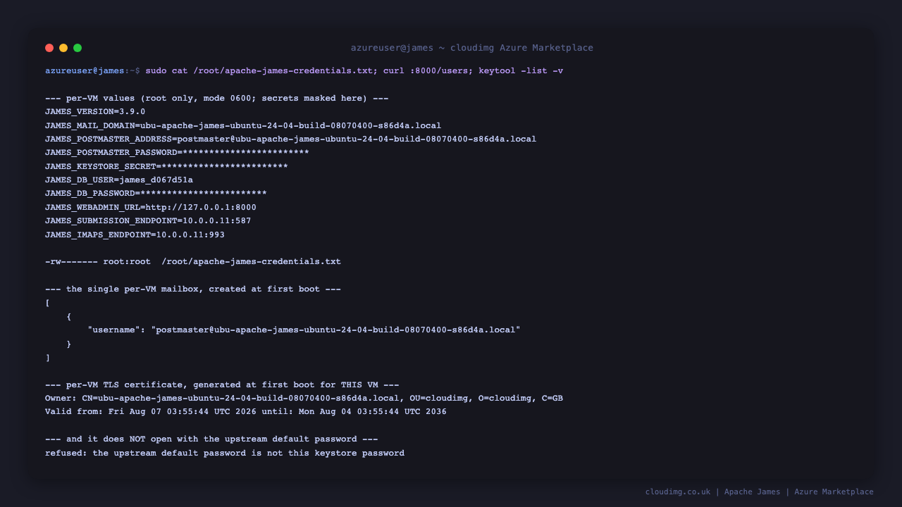 The per VM credentials file at /root/apache-james-credentials.txt shown with mode 0600 root:root and its secrets masked, the webadmin users endpoint returning exactly one mailbox which is the postmaster address created at first boot, and the per VM self signed TLS certificate whose Owner CN is this VM's own name with a ten year validity, together with proof that the keystore refuses the upstream default password