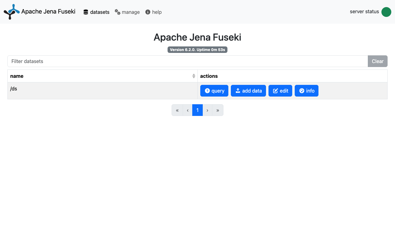 The Apache Jena Fuseki dashboard showing version 6.2.0 and the /ds dataset with query, add data, edit and info actions