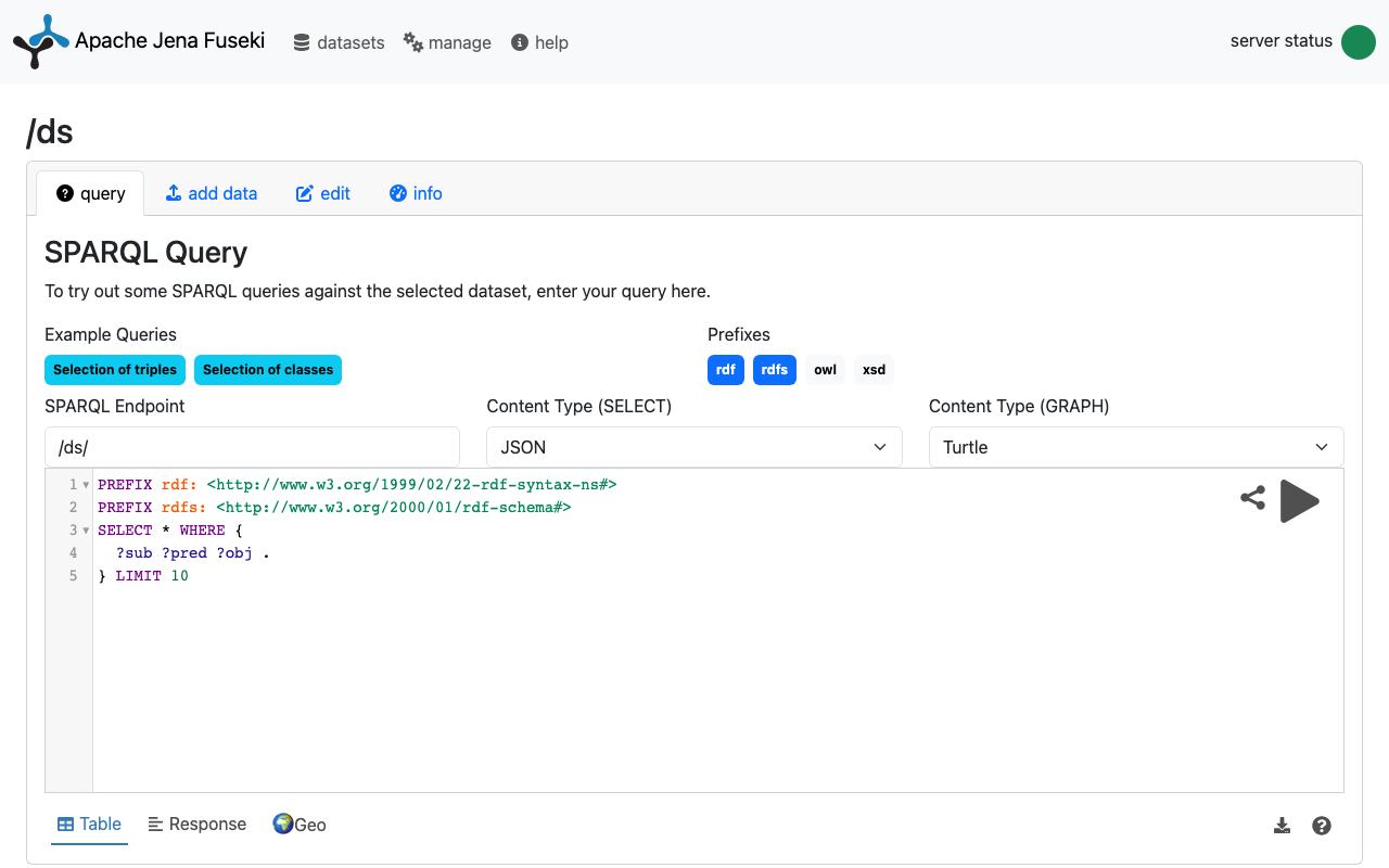 The Fuseki SPARQL query editor for the /ds dataset with an example SELECT query