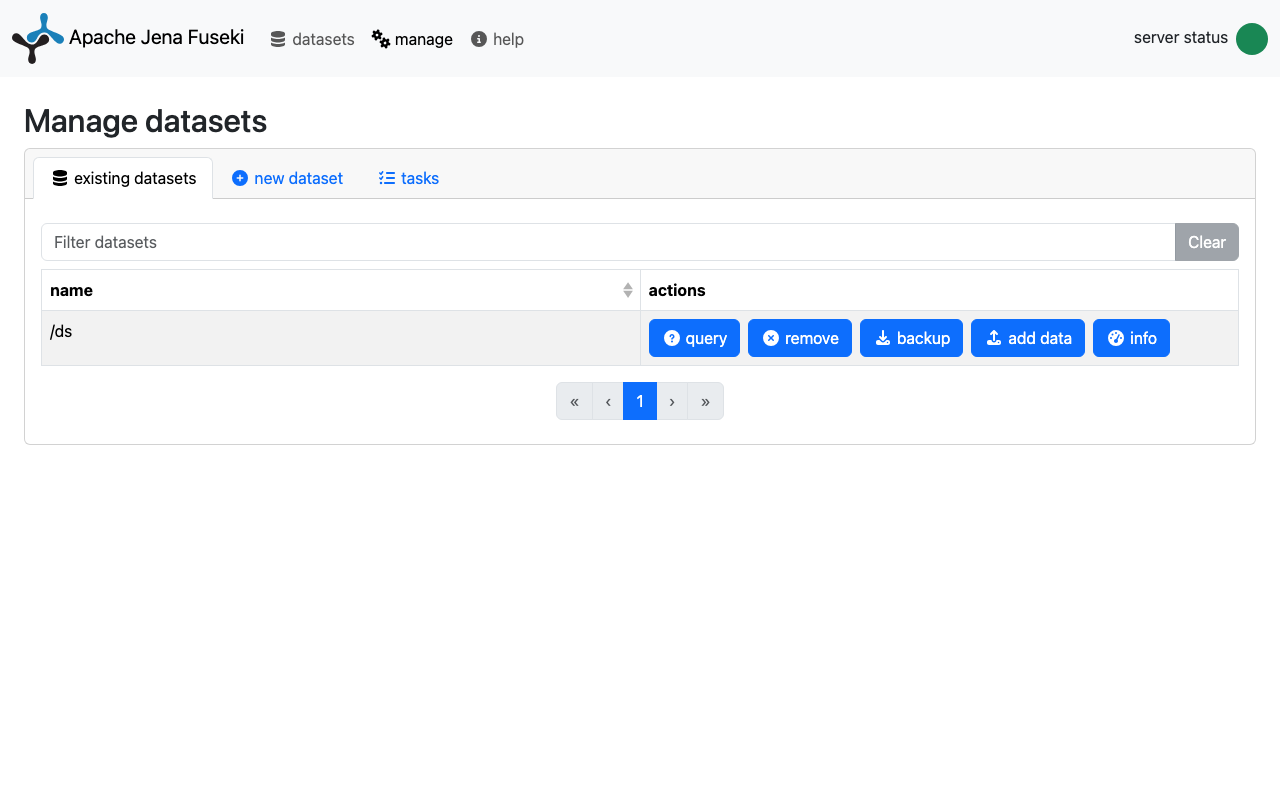 The Fuseki manage-datasets view listing the /ds dataset with query, remove, backup, add-data and info actions