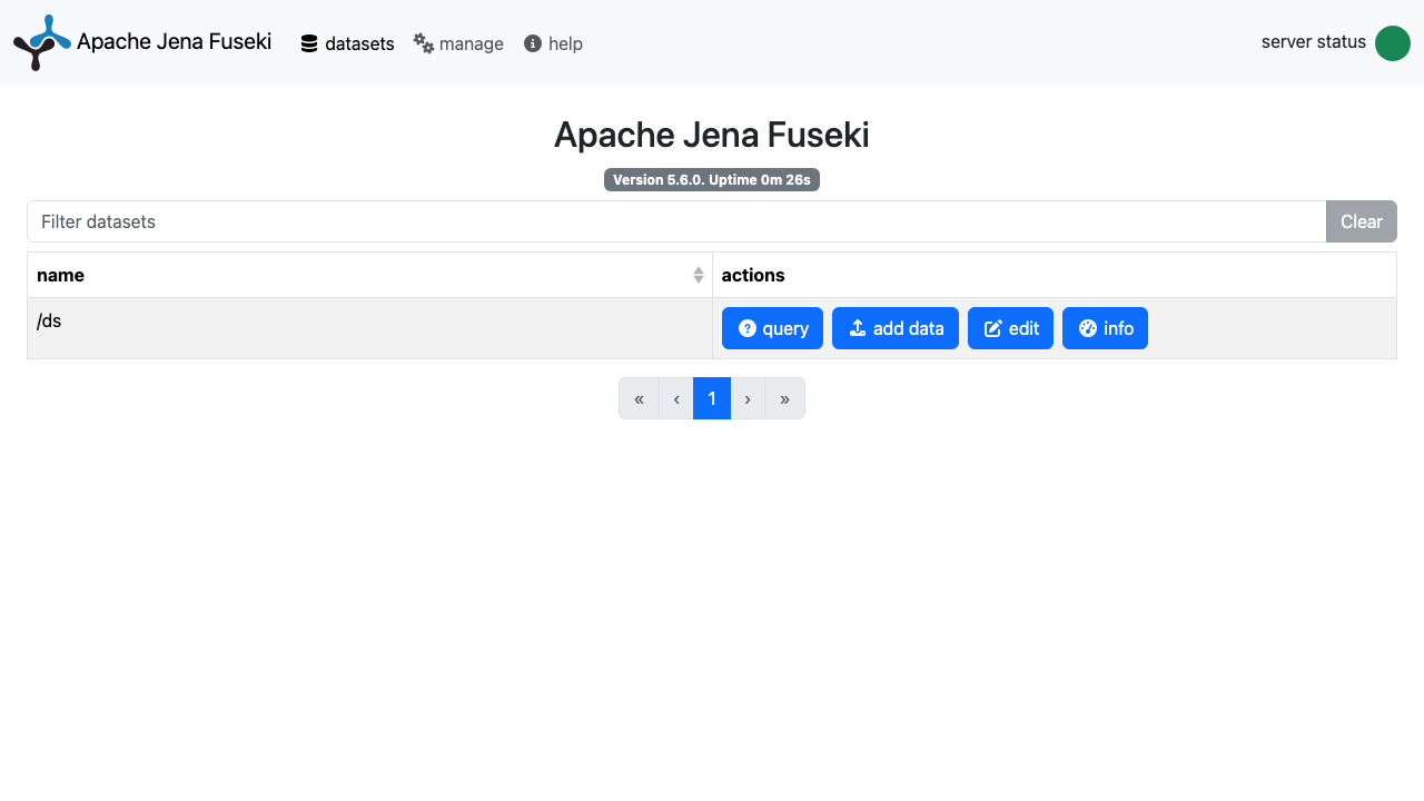 The Apache Jena Fuseki dashboard showing version 5.6.0 and the /ds dataset with query, add data, edit, and info actions