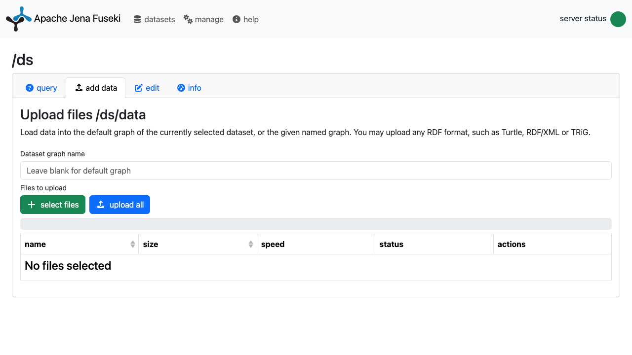 The Fuseki add-data page for /ds with the select files and upload all controls and the upload status table