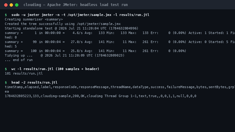 Apache JMeter headless test run with summary output