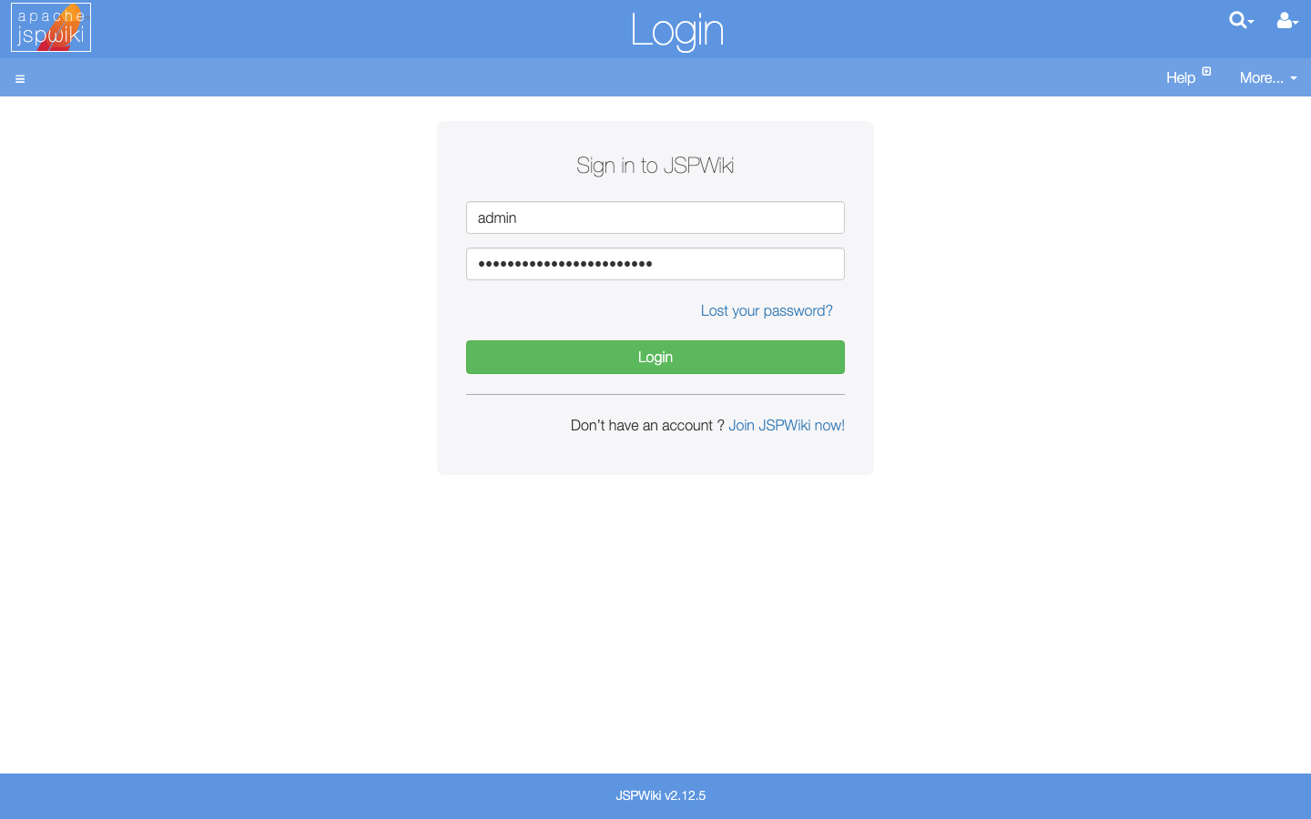 The JSPWiki sign in form with the admin user name and a masked password filled in