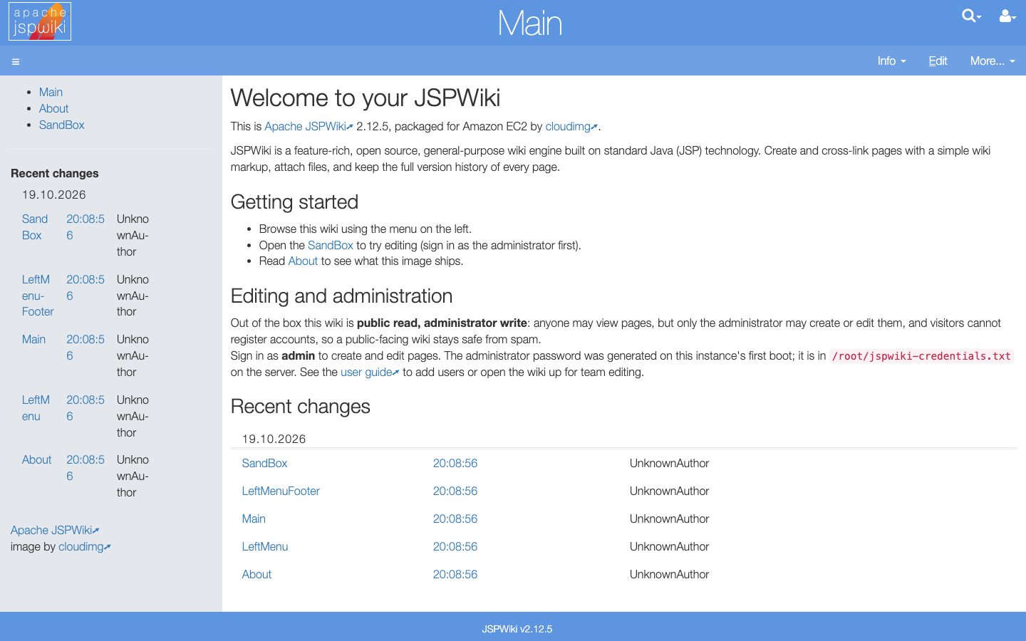 The JSPWiki Main page with the welcome text, the left menu with Main, About and SandBox, and the Recent changes list