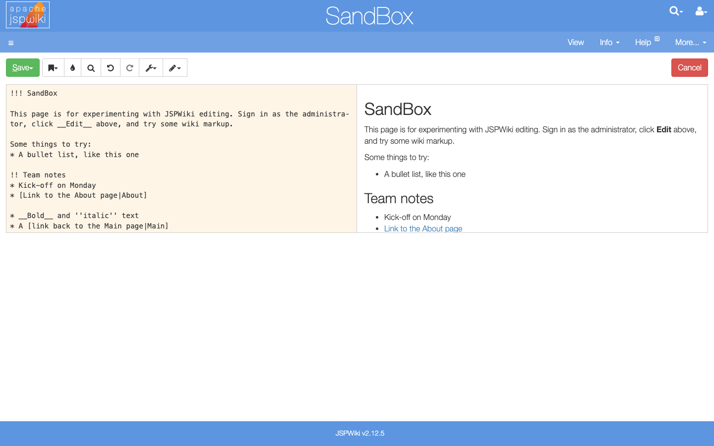 The JSPWiki editor on the SandBox page: wiki markup with a new Team notes section on the left and the rendered preview on the right