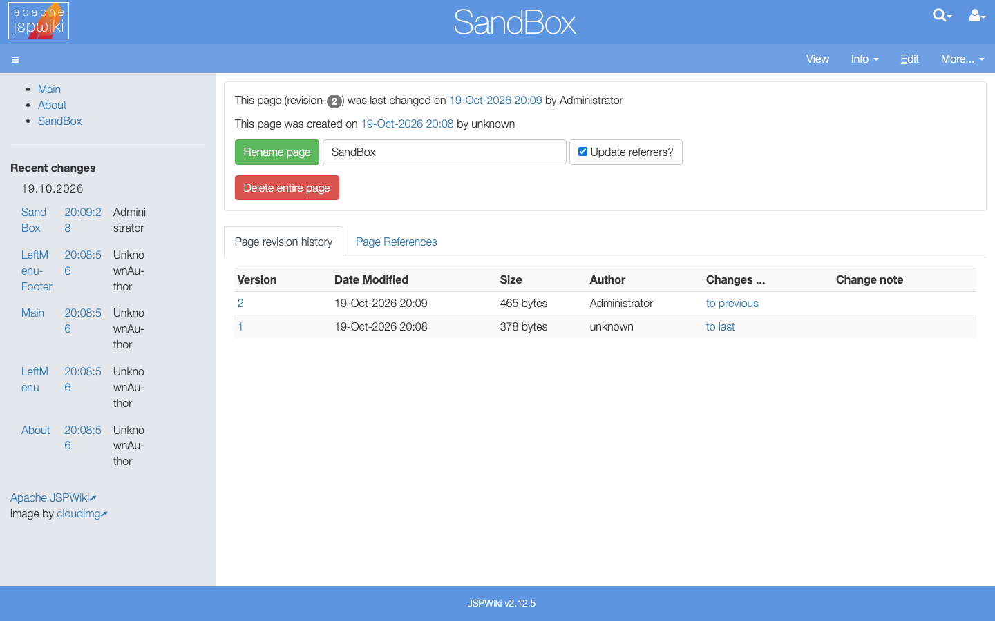The Page Info view for SandBox listing two versions, the latest by Administrator, with compare links and the rename and delete buttons