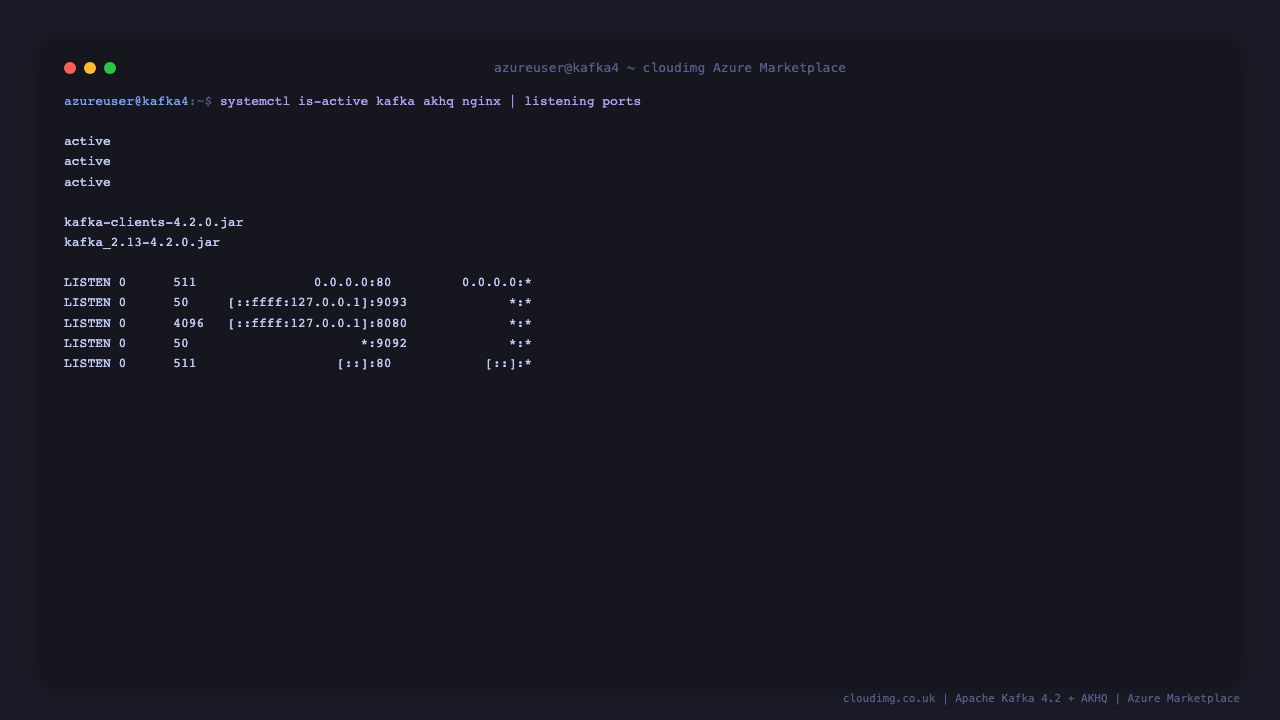 All three services (kafka, akhq, nginx) active; Kafka 4.2.0 client library