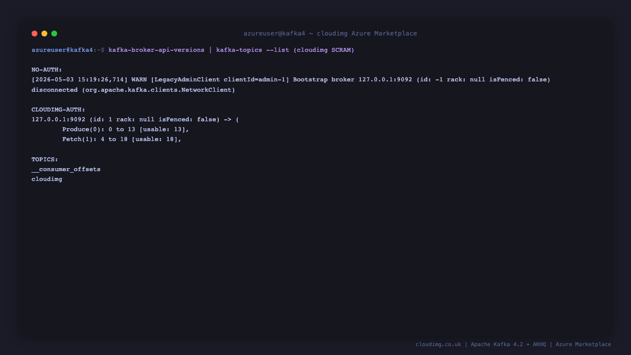 Authenticated kafka-broker-api-versions output for the cloudimg broker on 127.0.0.1:9092
