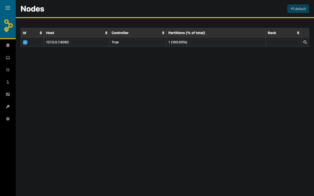 AKHQ Nodes tab — broker id 1, host 127.0.0.1:9092, controller leader